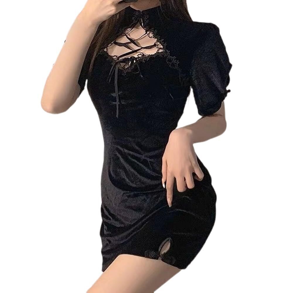 3782 cosplay sexy high slit cheongsam underwear lace mesh velvet Chinese